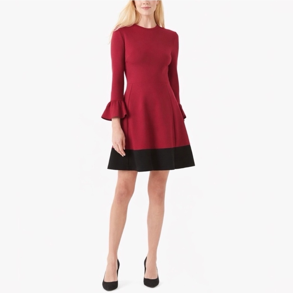 Kate Spade Burgundy and Black Ponte Knit Long Sleeve Dress with Bell Sleeves